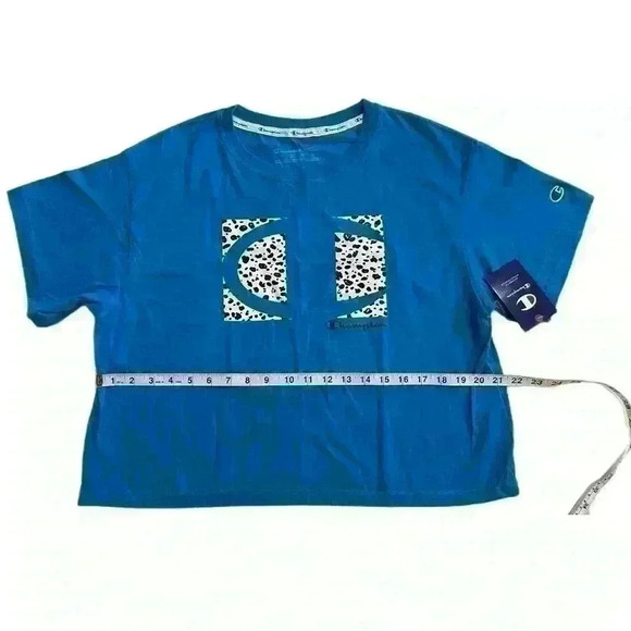 Champion Womens Cropped Graphic-Print T-Shirt Balboa Blue Size M-L - Picture 10 of 12